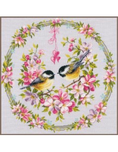 Mooi compleet borduurpakket van Mezen in een bloemenkrans (PN-0169582)